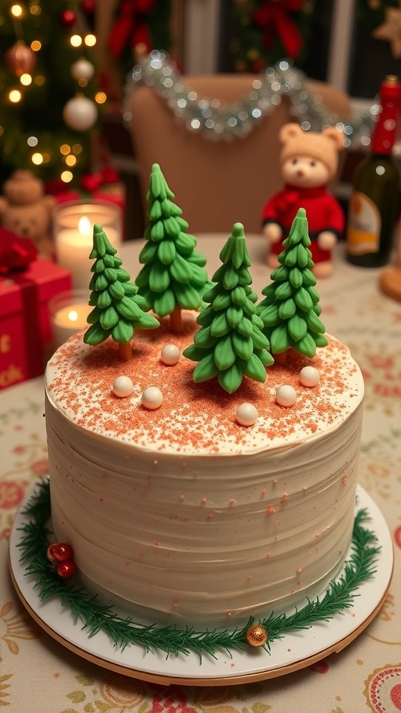 Simple Christmas Cake Decoration Ideas with Xmas Trees A Christmas cake with green fondant trees, glitter, and ornaments on a festive table.